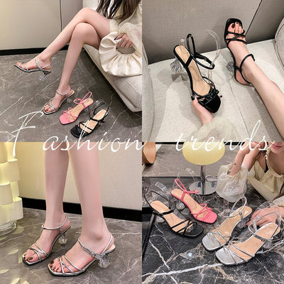 Damen Transparente Absatzsandalen mit verstellbaren Riemen und eleganter Glitzer-Applikation Fudus