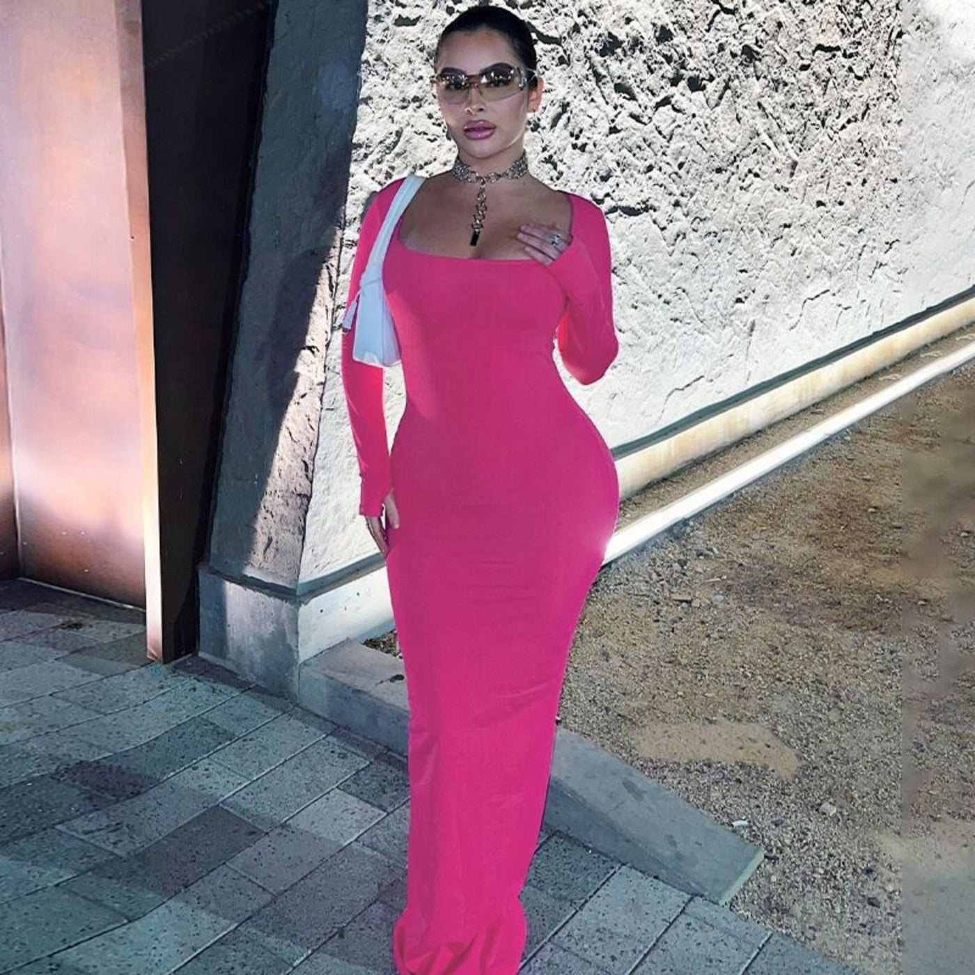 Damen Elegantes Langarm-Maxi-Kleid mit tailliertem Schnitt Fudus