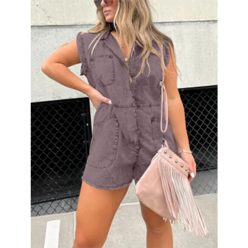 Damen trendiger Jeans-Overall mit Taschen und Kurzarm Fudus