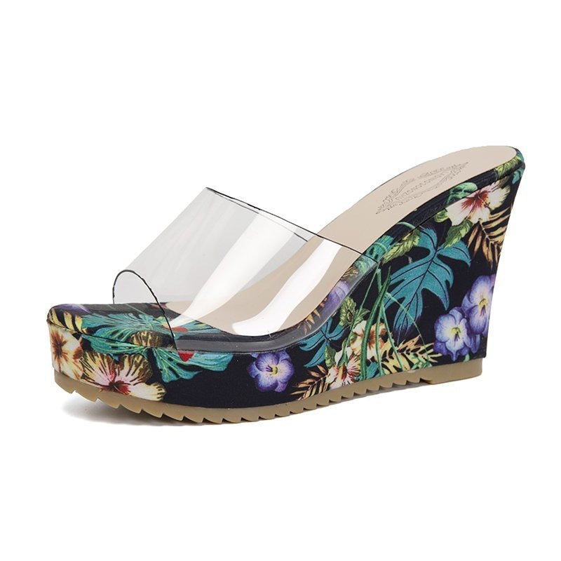 Damen Wedge-Pantoletten mit floralem Muster und transparentem Riemen Fudus