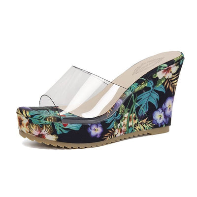Damen Wedge-Pantoletten mit floralem Muster und transparentem Riemen Fudus