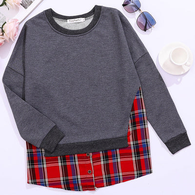 Damen lässiges Sweatshirt mit Karomuster und Rundhalsausschnitt Fudus