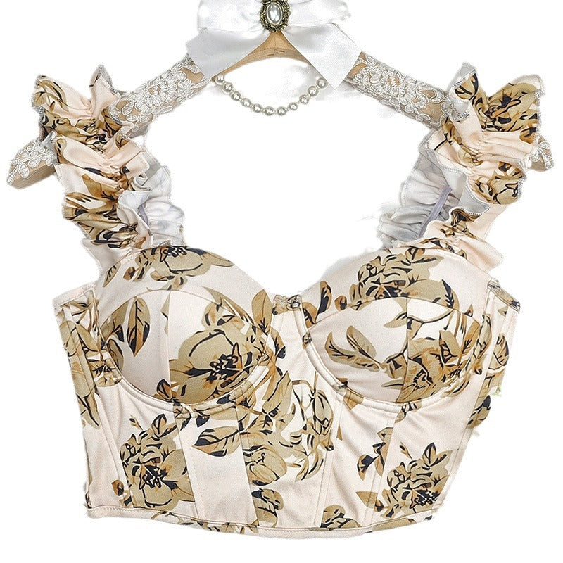 Damen Cropped Oberteil mit voluminösen Rüschendetails und floralem Muster Fudus