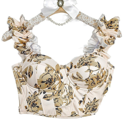 Damen Cropped Oberteil mit voluminösen Rüschendetails und floralem Muster Fudus