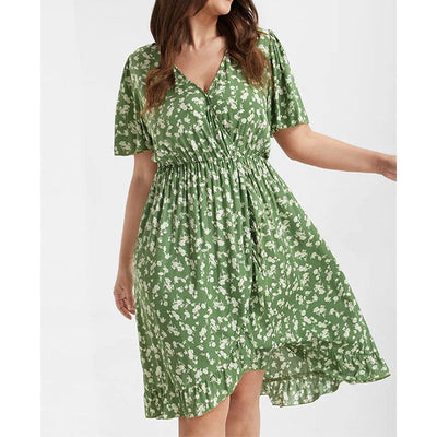 Damen Blusenkleid mit elastischem Taillenband und floralem Muster Fudus