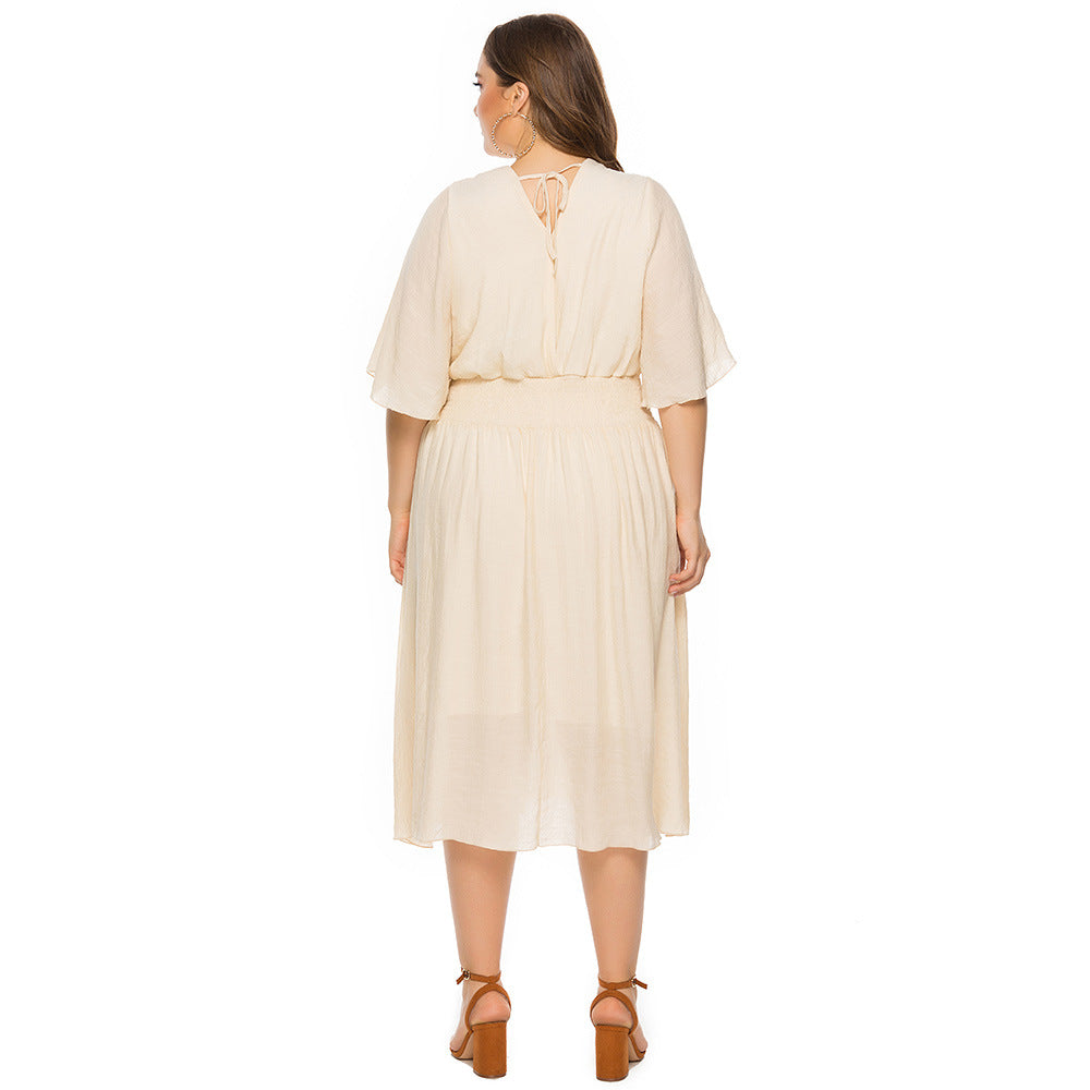 Damen Midikleid mit elegantem V-Ausschnitt und fließendem Stoff Fudus