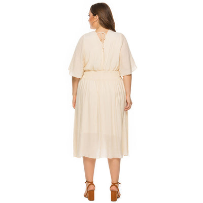 Damen Midikleid mit elegantem V-Ausschnitt und fließendem Stoff Fudus