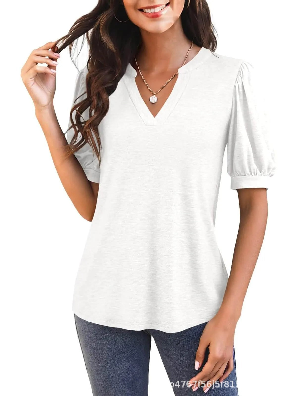 Damen T-Shirt mit V-Ausschnitt und Puffärmeln Fudus