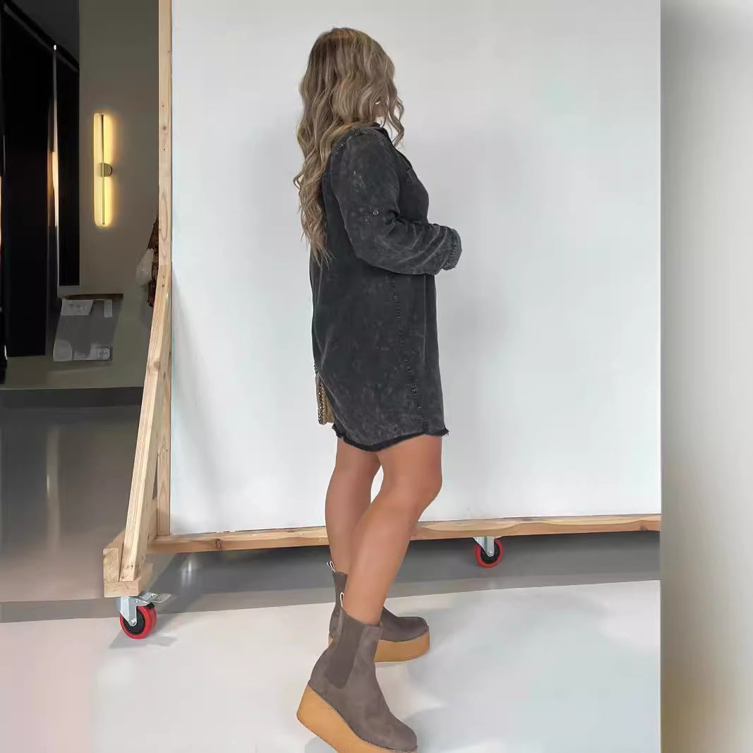 Damen Denim-Langarmkleid mit strukturiertem Samt-Design und knöpfbarer Leiste Fudus