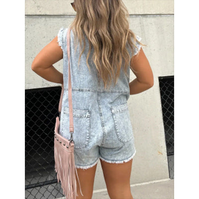 Damen trendiger Jeans-Overall mit Taschen und Kurzarm Fudus