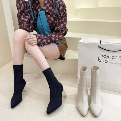 Damen Stiefeletten mit transparentem Absatz und elastischem Strickoberteil Fudus