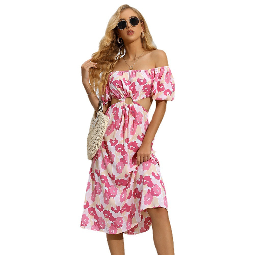 Damen Midikleid mit modischem Cut-Out und Puffärmeln Fudus