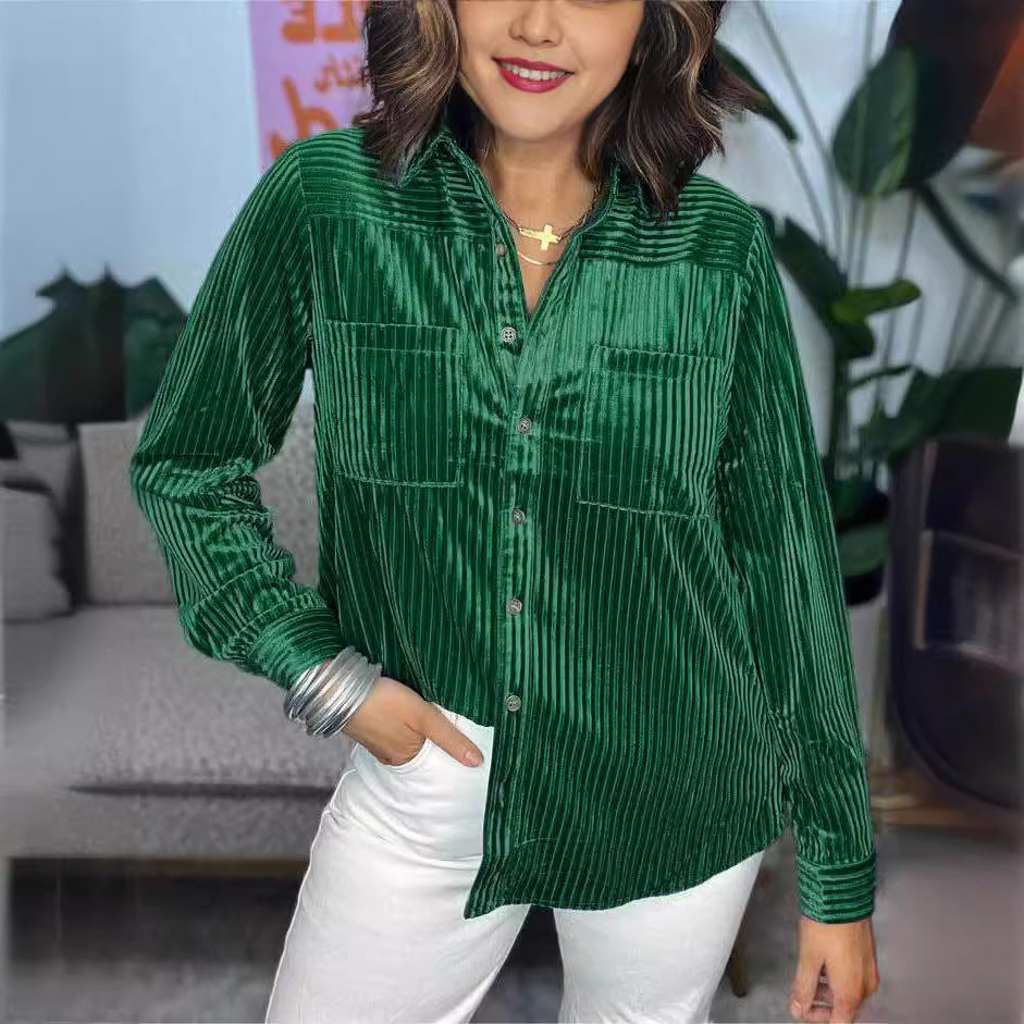 Damen Velours Hemd mit feinen Streifen und praktischen Taschen Fudus