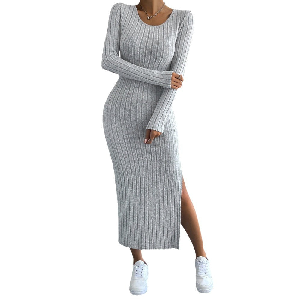 Damen Maxikleid aus feinem Rippstrick mit seitlichem Schlitz und Rundhalsausschnitt Fudus