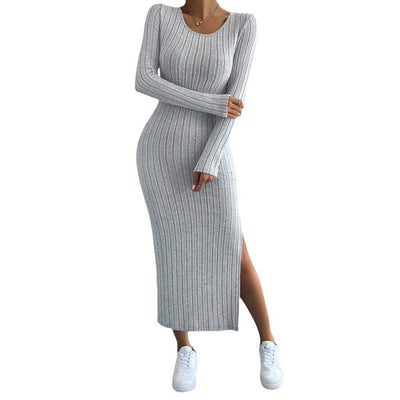 Damen Maxikleid aus feinem Rippstrick mit seitlichem Schlitz und Rundhalsausschnitt Fudus