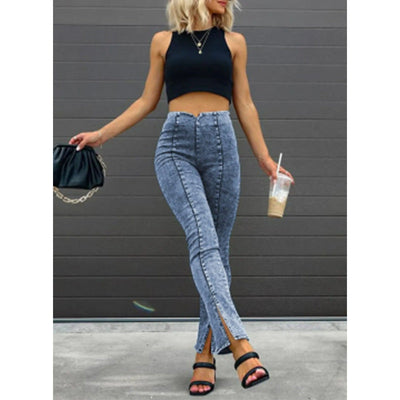 Damen High-Waist Denim-Hose mit seitlichen Schlitzdetails und Knopfverschluss Fudus