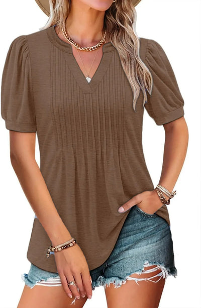 Damen lässiges V-Ausschnitt T-Shirt mit Puffärmeln und Raffungen Fudus