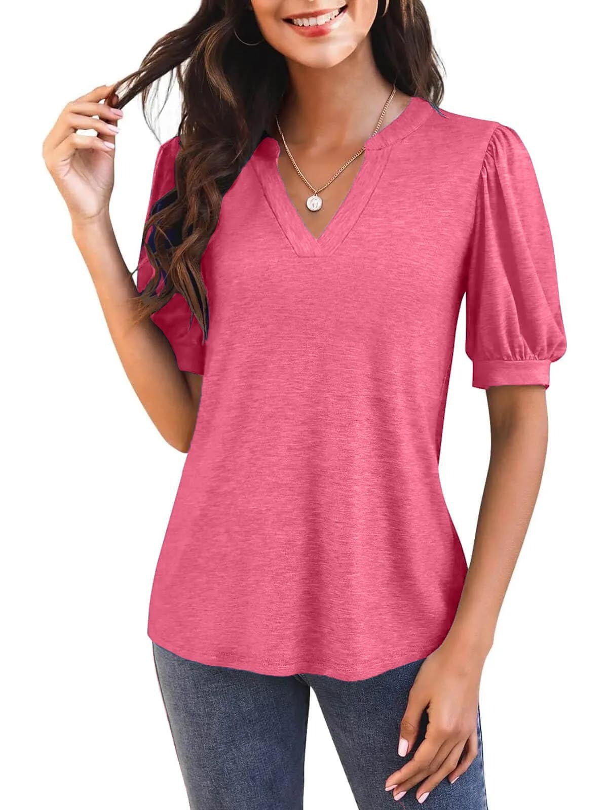 Damen T-Shirt mit V-Ausschnitt und Puffärmeln Fudus