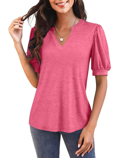 Damen T-Shirt mit V-Ausschnitt und Puffärmeln Fudus