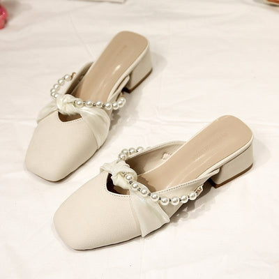 Damen elegante Mules mit Perlenapplikationen und modischem Schleifen-Design Fudus