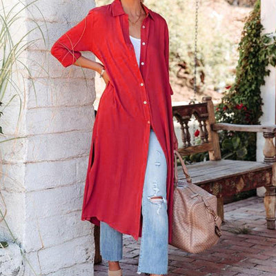 Damen Hemdblusenkleid mit langen Ärmeln und seitlichen Schlitzen Fudus