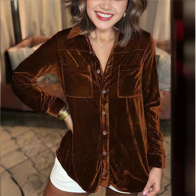 Damen Samt-Bluse im lässigen Schnitt mit Brusttaschen Fudus