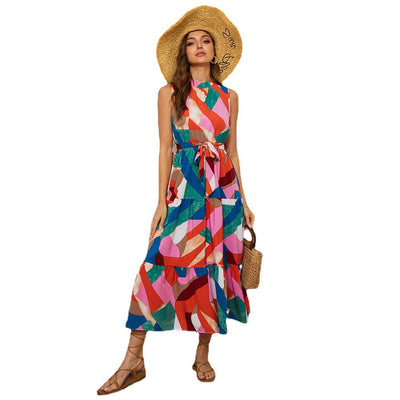 Damen Maxikleid mit hohem Hals und voluminösem Saum Fudus