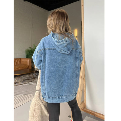 Damen Oversized Hoodie aus Denim mit praktischem Kängurutasche Fudus