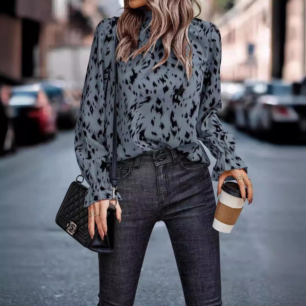 Damen Bluse mit verspieltem Muster und hohem Kragen Fudus