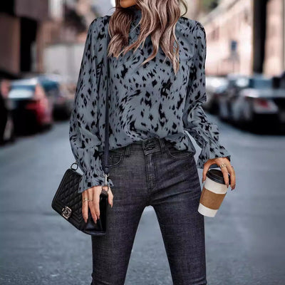 Damen Bluse mit verspieltem Muster und hohem Kragen Fudus