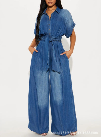 Damen lässiger Denim-Overall mit weitem Bein und praktischen Taschen Fudus
