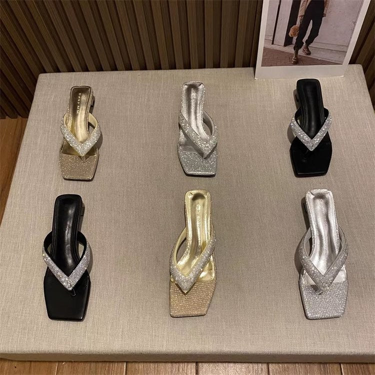 Damen Glamouröse Zehensteg-Pumps mit glitzerndem Riemendesign und komfortablem Blockabsatz Fudus