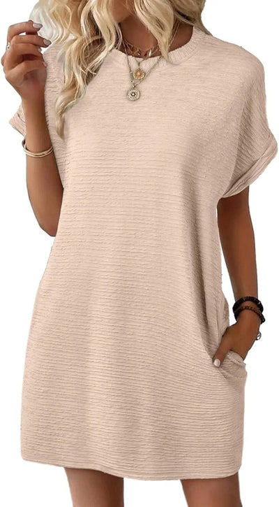 Damen lässiges Kurzarm-Kleid mit eingewebtem Texturmuster und praktischen Taschen Fudus