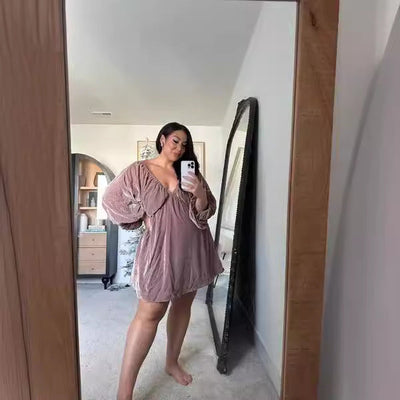 Damen kurzes Plisseekleid mit V-Ausschnitt und voluminösen Ärmeln Fudus