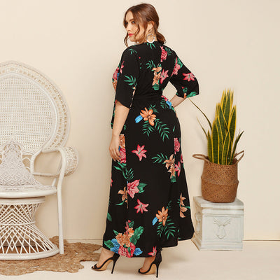 Damen Maxikleid mit floralem Design und Taillengürtel Fudus