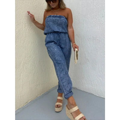 Damen Jumpsuit mit schulterfreier Silhouette und elastischem Bund Fudus