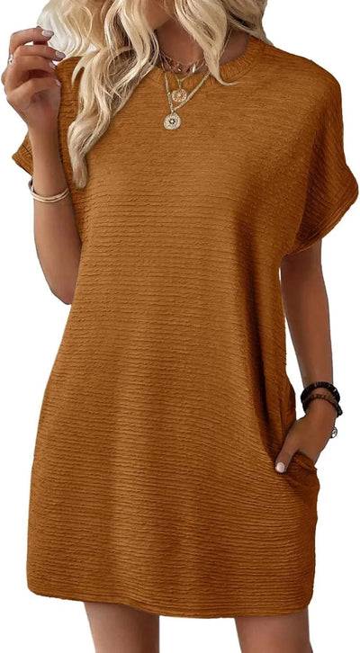 Damen lässiges Kurzarm-Kleid mit eingewebtem Texturmuster und praktischen Taschen Fudus