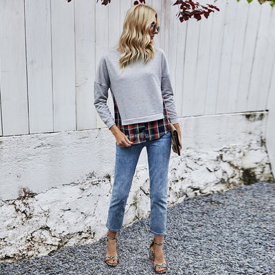 Damen lässiges Sweatshirt mit Karomuster und Rundhalsausschnitt Fudus