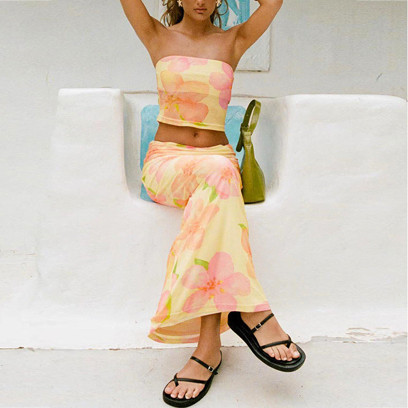 Damen Strand-Lange Hosen-Set mit figurbetontem Oberteil und floralem Muster Fudus