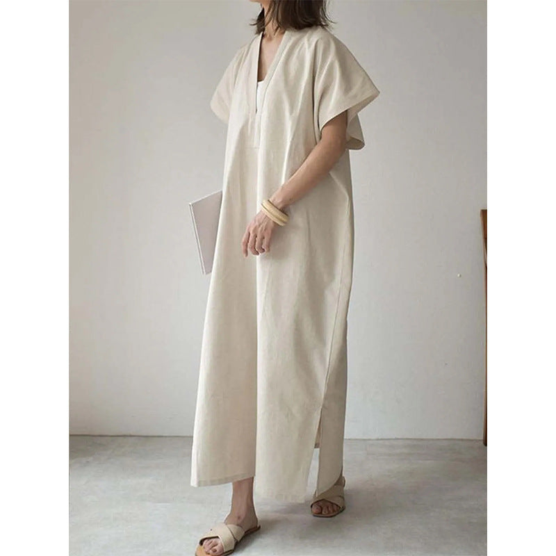 Damen Maxi-Kleid mit tiefem V-Ausschnitt und Seitenschlitzen Fudus