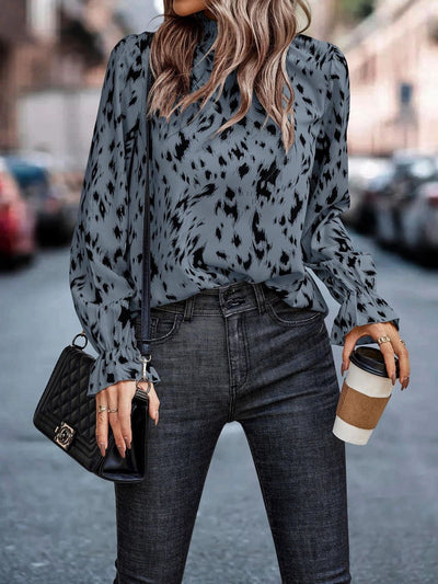 Damen Bluse mit verspieltem Muster und hohem Kragen Fudus