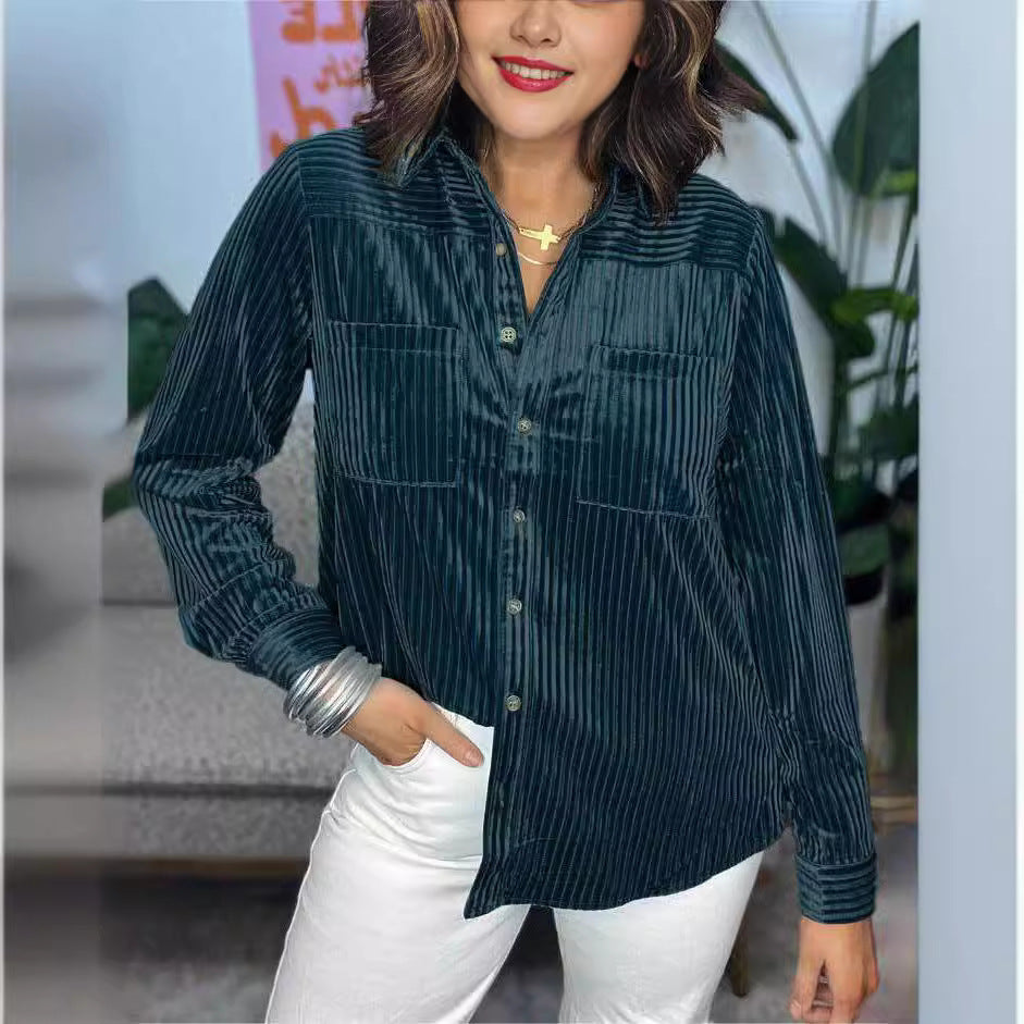 Damen Velours Hemd mit feinen Streifen und praktischen Taschen Fudus