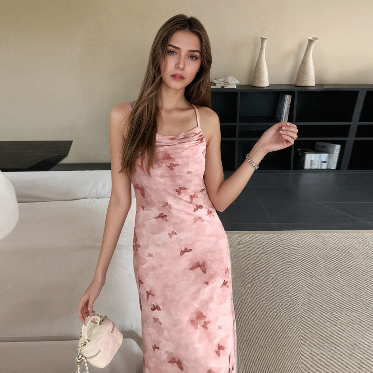 Damen Maxikleid mit zartem Watercolor-Design und elegantem Wasserfall-Ausschnitt Fudus