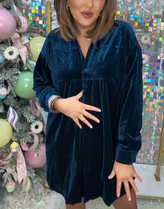Damen Luxuriöses Velourshemdkleid mit Knopf und verspieltem Schnitt Fudus