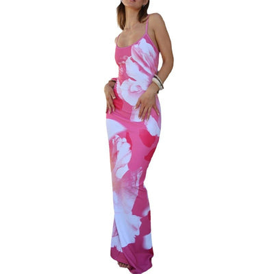 Damen Maxikleid mit floralen Prints und zartem Spaghetti-Träger Fudus