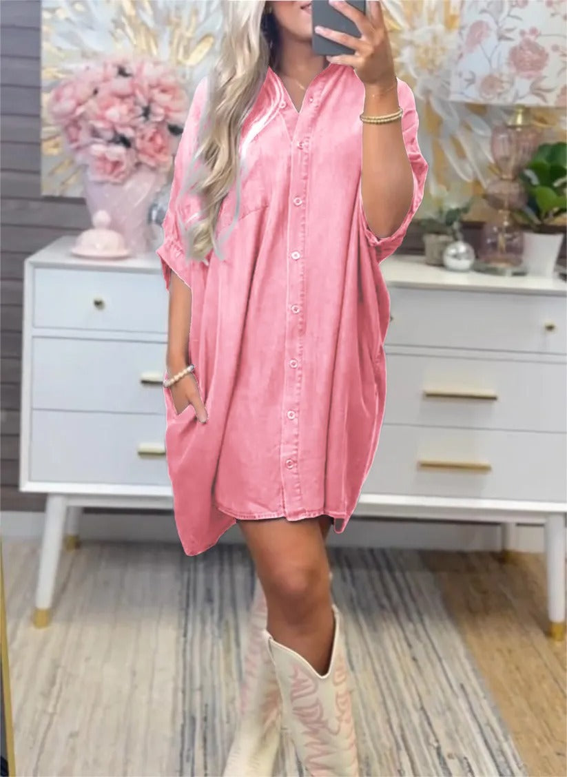Damen Übergröße Denim-Shirtkleid mit praktischen Taschen und lässigem Schnitt Fudus
