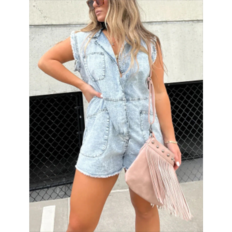 Damen trendiger Jeans-Overall mit Taschen und Kurzarm Fudus