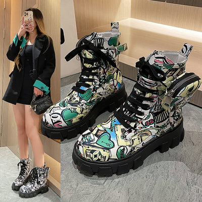 Damen modische Ankle Boots mit grafischen Mustern und stabiler Sohle Fudus