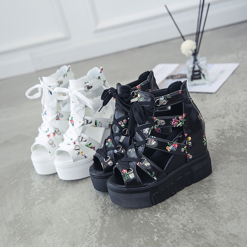 Damen Plateau-Sandalen mit floralen Akzenten und modischem Schnürdesign Fudus