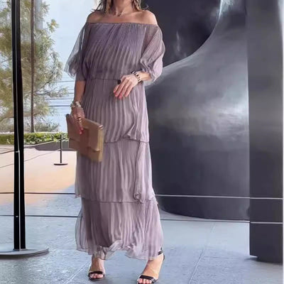 Damen Off-Shoulder Maxikleid mit plissierten Details Fudus